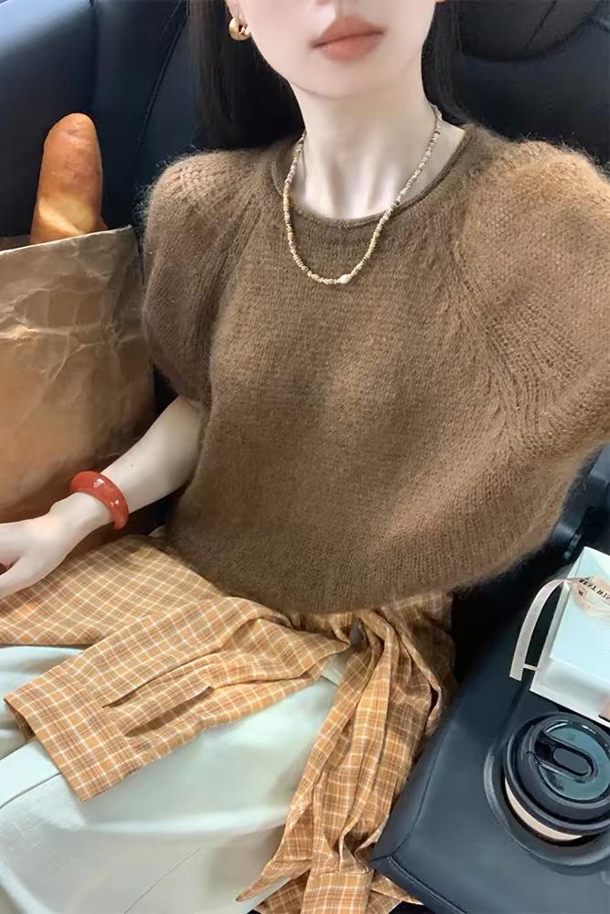 白色泡泡袖馬海毛短袖毛衣女春秋慵懶風軟糯針織衫奶fufu短款上衣