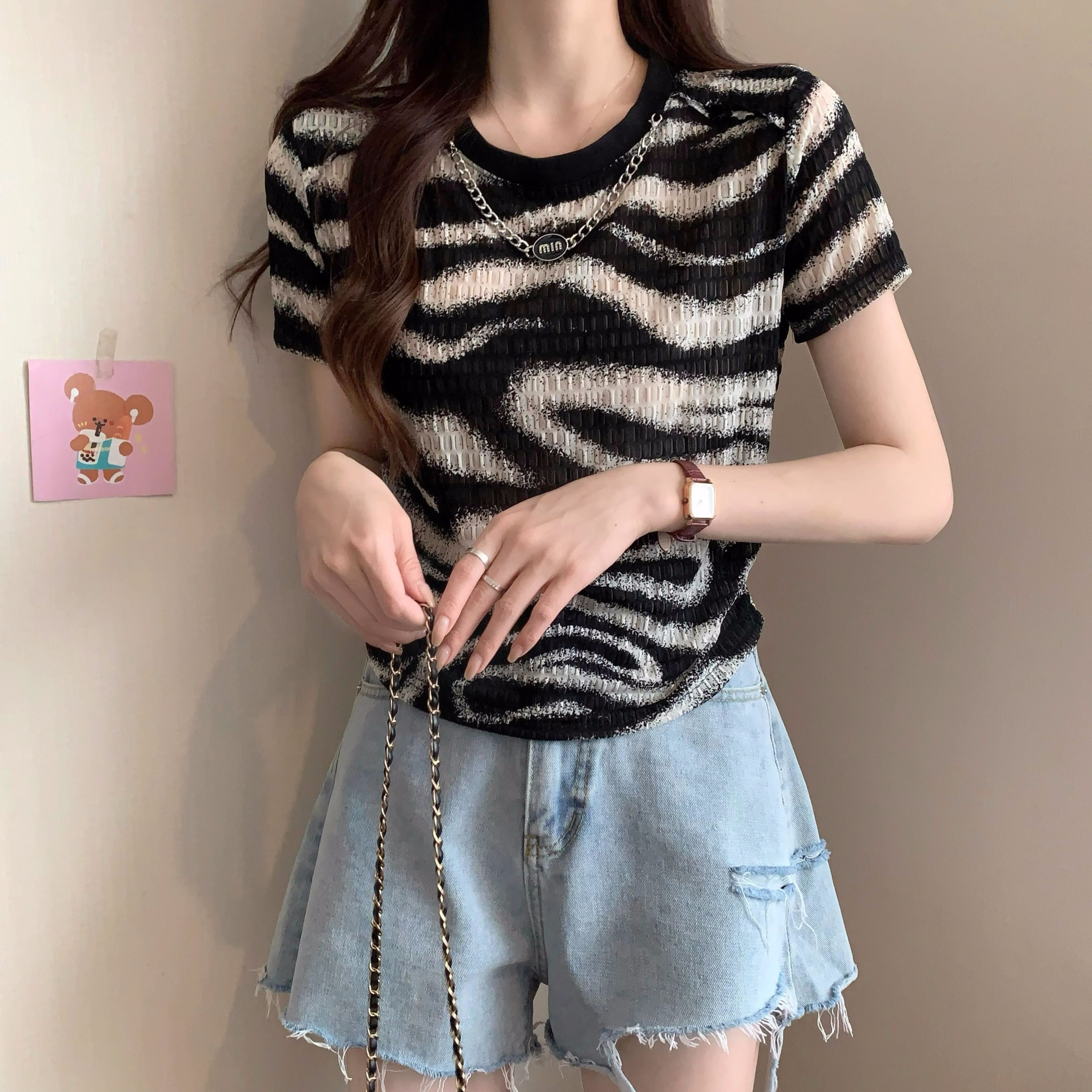 Original fabric ~ Large size women's summer new style design style fashionable front shoulder slimming irregular short-sleeved top