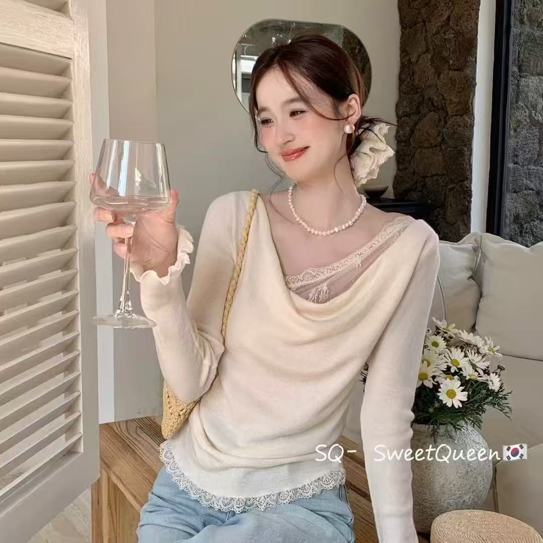 溫柔風蕾絲拼接盪領長袖針織衫女春季新款設計感收腰顯瘦上衣