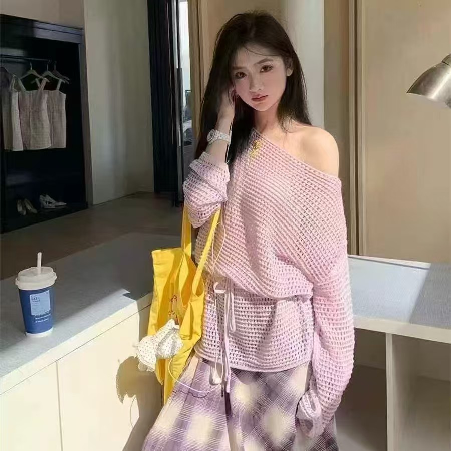 2025一字肩鏤空長袖加腰帶女設計感小眾早春寬鬆防曬罩衫慵懶上衣