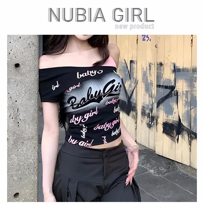 American retro hot girl off-shoulder printed T-shirt for women short-sleeved 2025 new unique and beautiful slim sling top summer