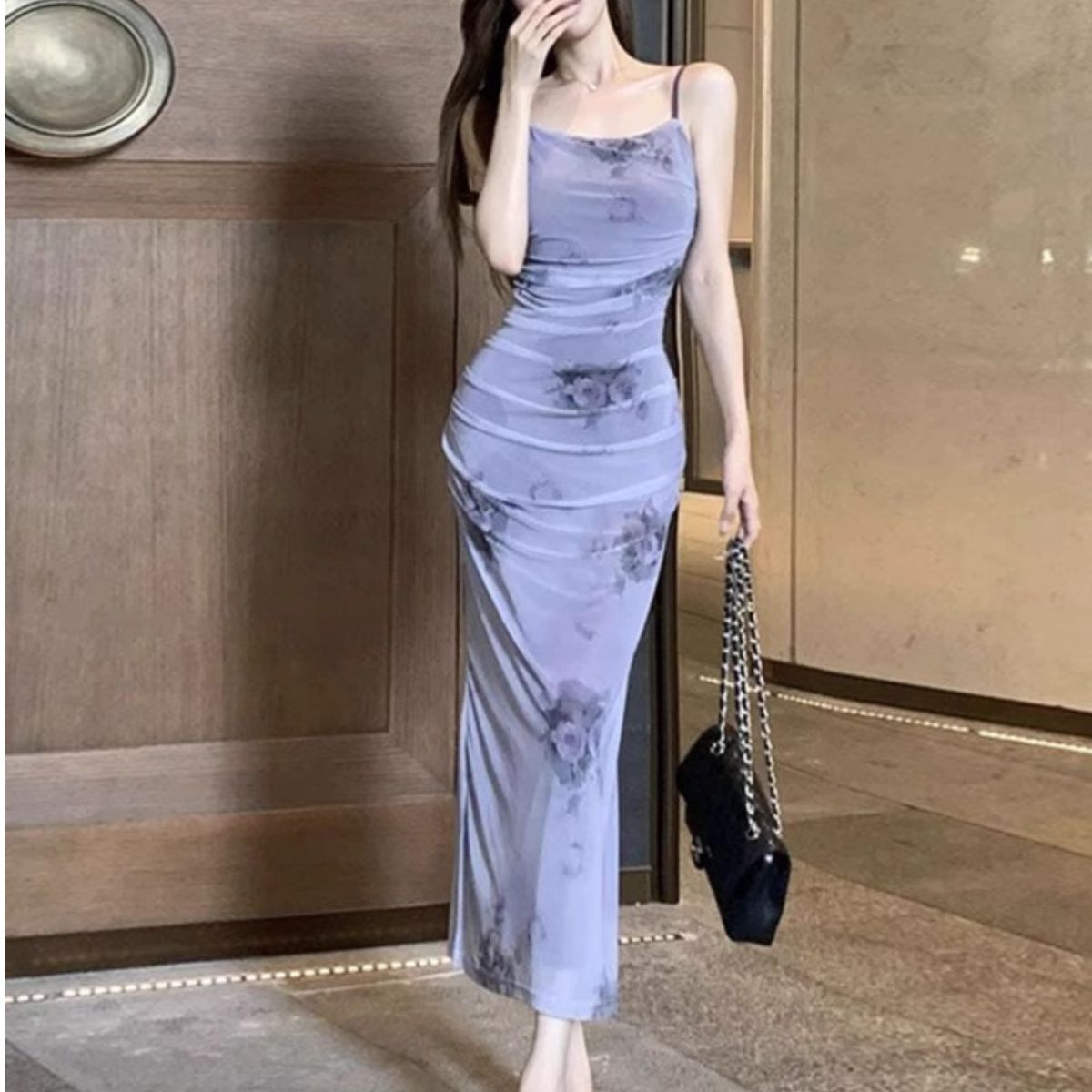 2025 New Spring Retro Pure Desire Rose Straps Slit Bodycon Skirt Tie-Dye Korean Style Fashion Women's Trend