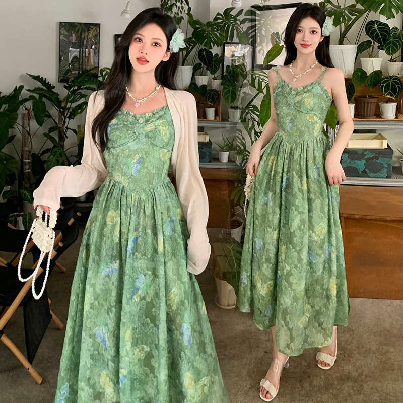 實拍~大碼碎花綠色連衣裙胖MM春夏顯瘦遮肚裙子法式吊帶長裙套裝