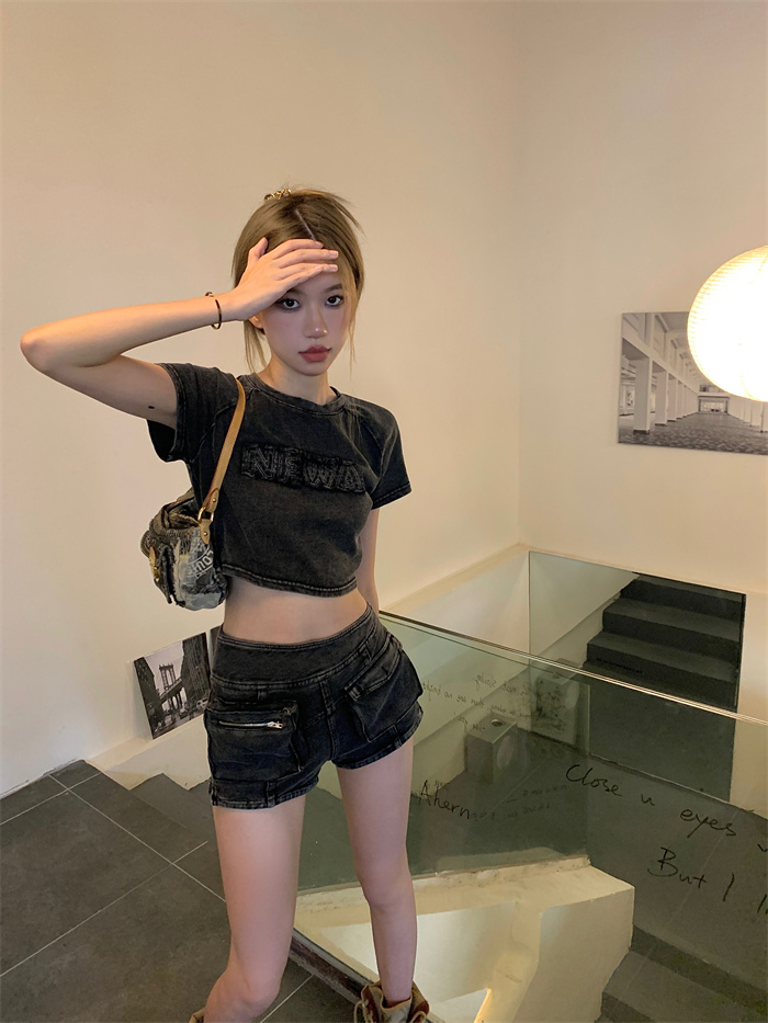 Real shot, retro old slim shorts T-shirt + high waist pocket shorts