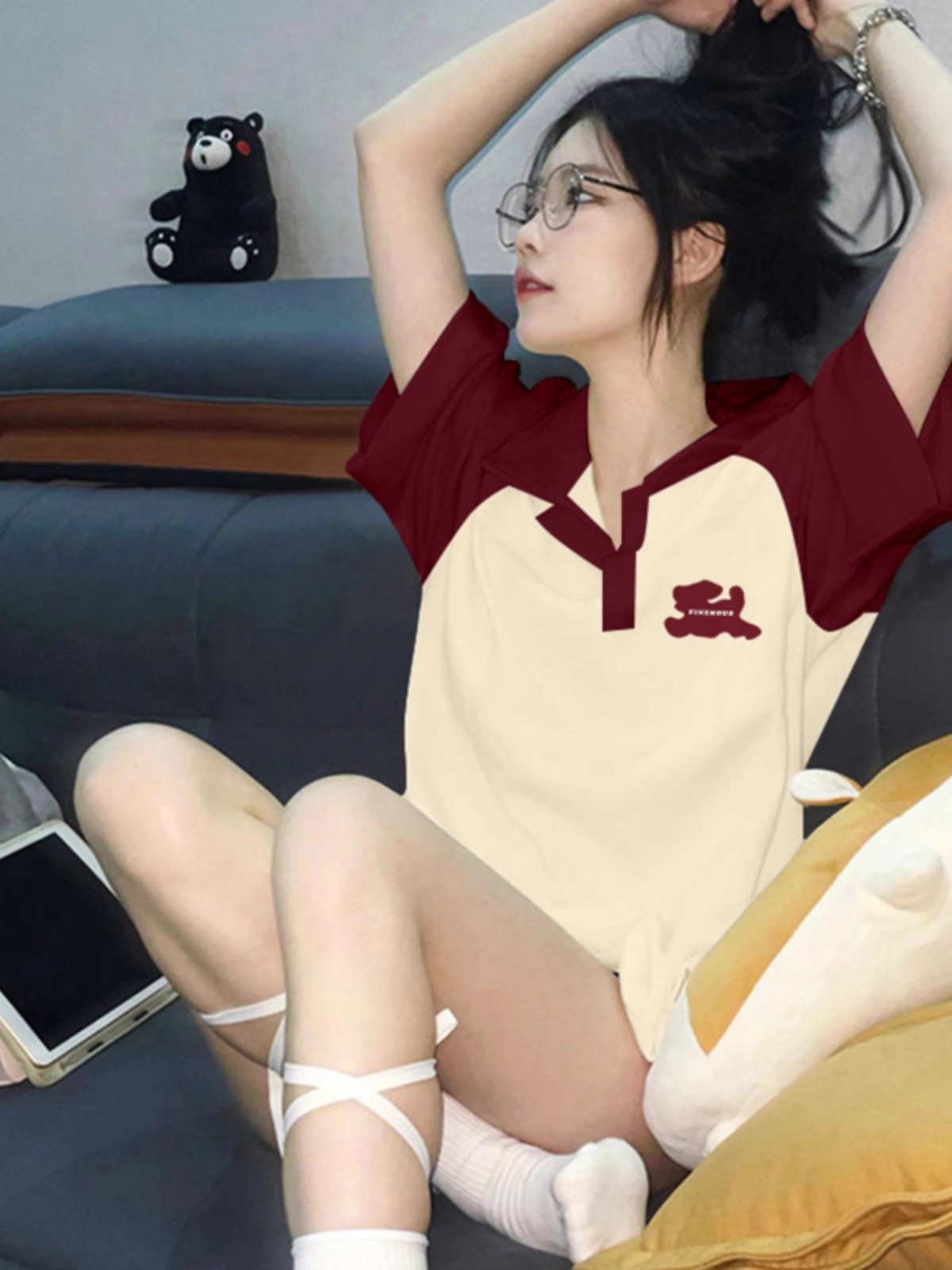 High-quality pure cotton 200g 21 combed tight printed POLO shirt loose color block lapel short-sleeved shirt for women