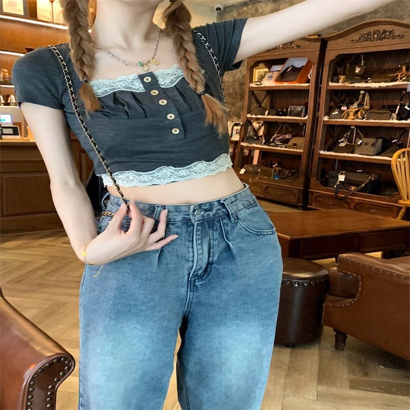 French lace spliced ​​square collar short-sleeved T-shirt for women in summer 2025 new style short slim slim top trendy