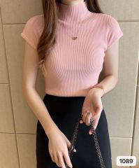 2025春裝新款半高領打底衫女短袖針織衫內搭緊身毛衣短款修身上衣