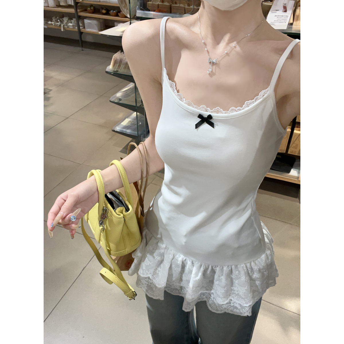 Real shot of summer Korean version of pure desire bow ballet style splicing hem suspender inner vest T-shirt top