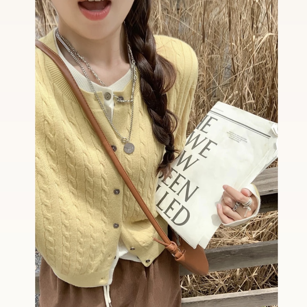 Korean sweet fake two-piece yellow knitted cardigan for women's new winter design niche sweater jacket