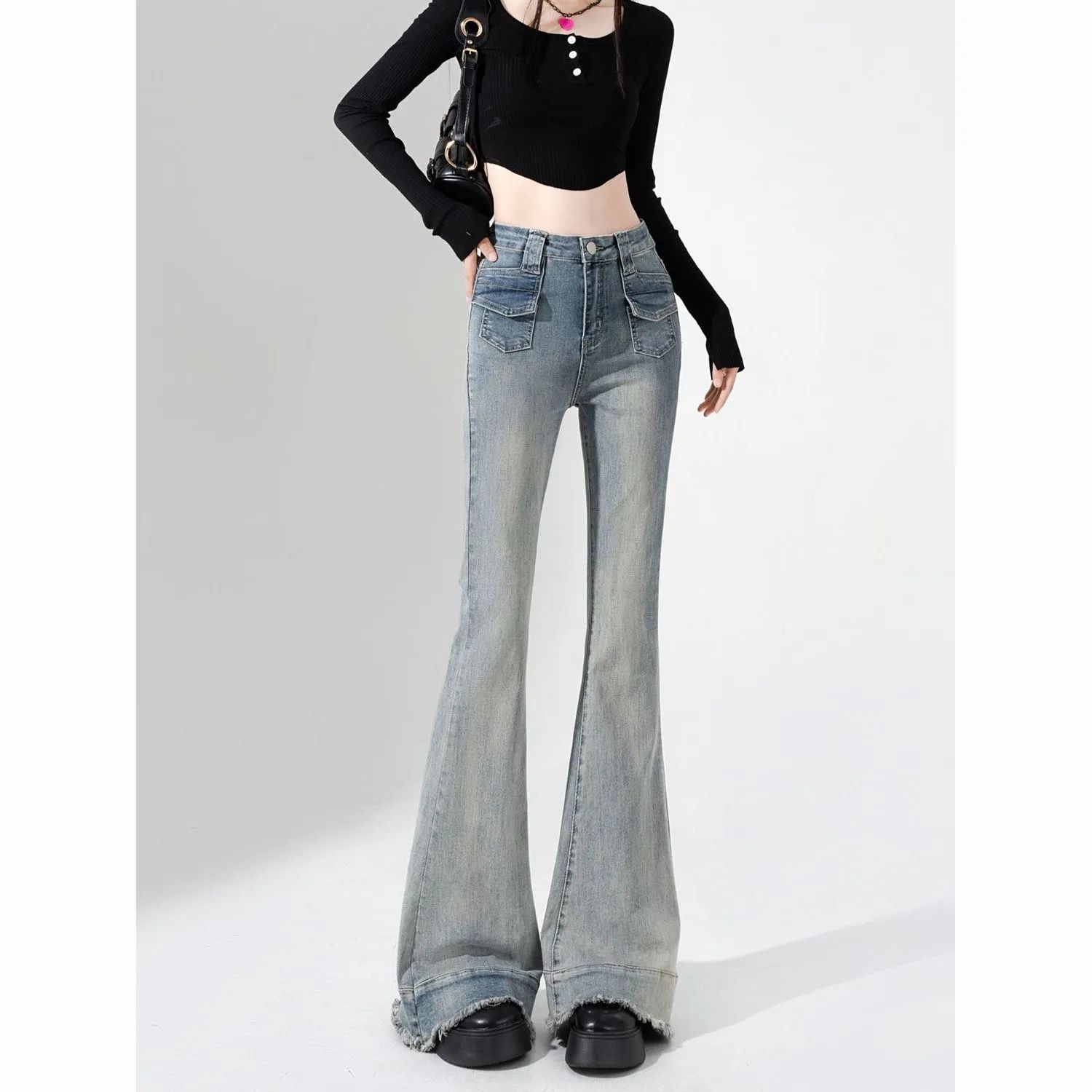 High-waisted matte spliced ​​micro-flare jeans for women in 2025 spring and autumn new slim fit slim stretch horseshoe pants