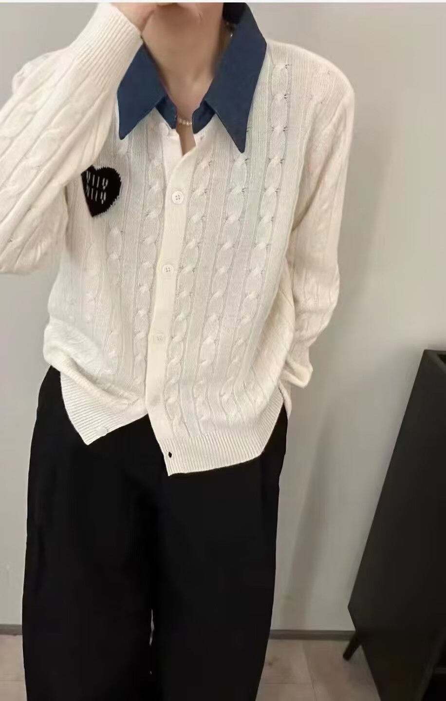 歐洲站法式襯衫領拼接針織開衫毛衣女秋季洋氣百搭小眾設計感上衣