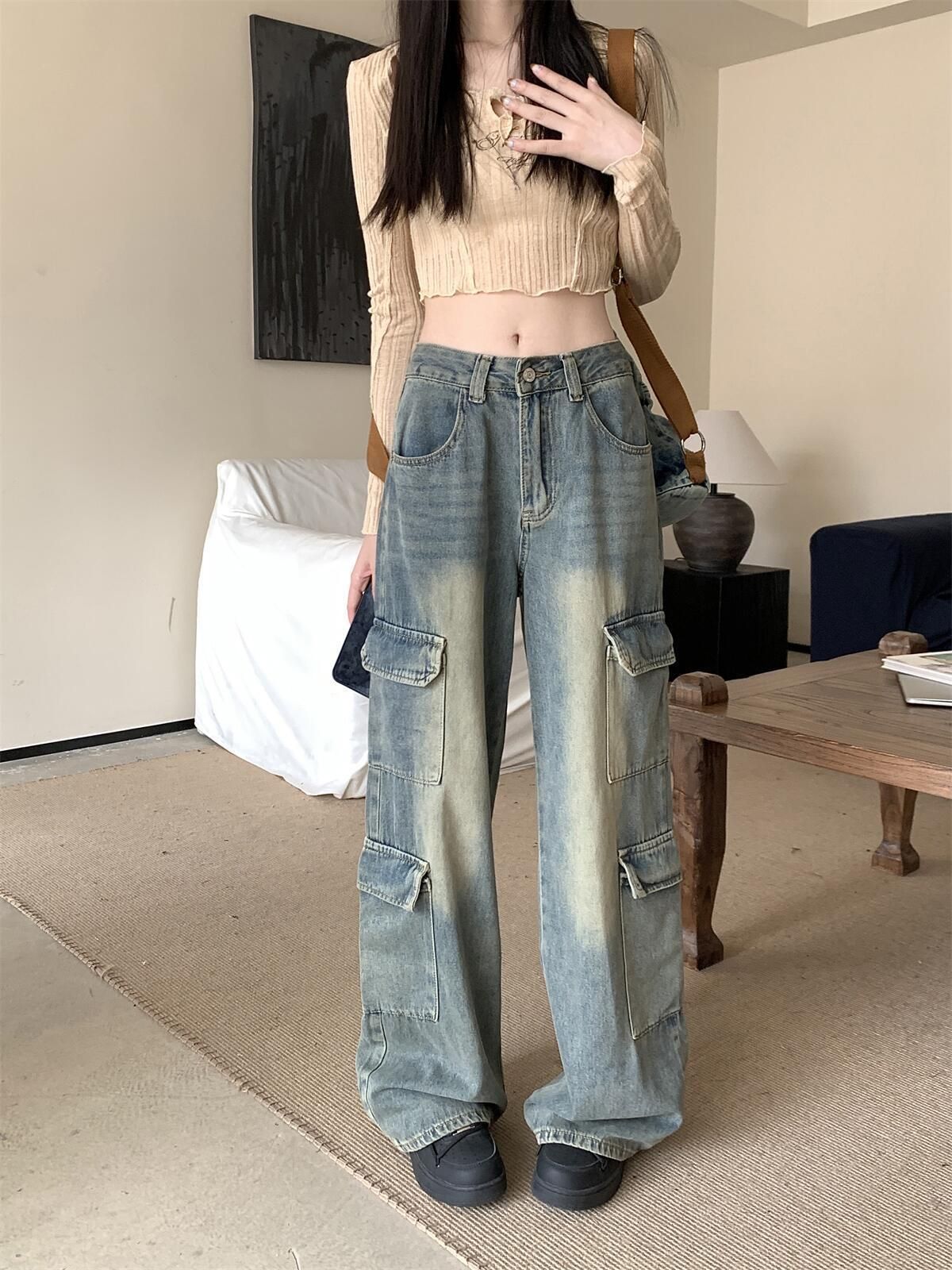 American retro work pants jeans women's spring 2025 high waist straight wide-leg pants loose long pants trendy