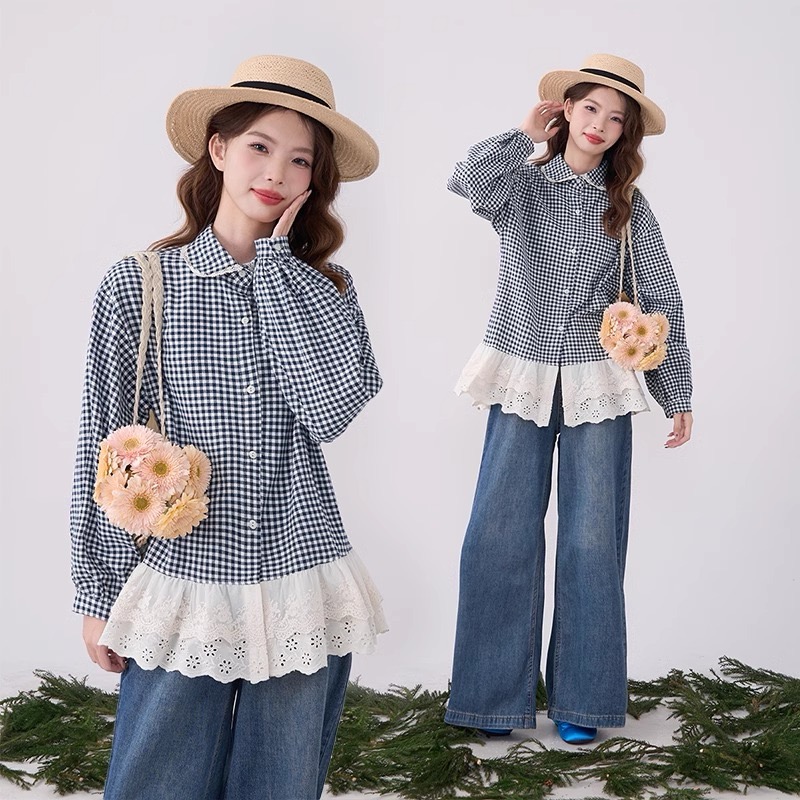 原版做工2025年新款春季甜美娃娃領格子襯衫女春拼接蕾絲上衣