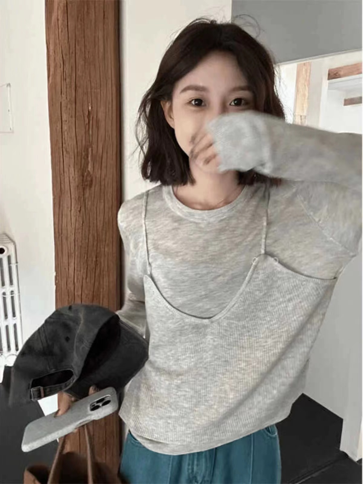 韓版假兩件設計簡約長袖針織衫女早秋新款鬆弛感休閒寬鬆顯瘦上衣