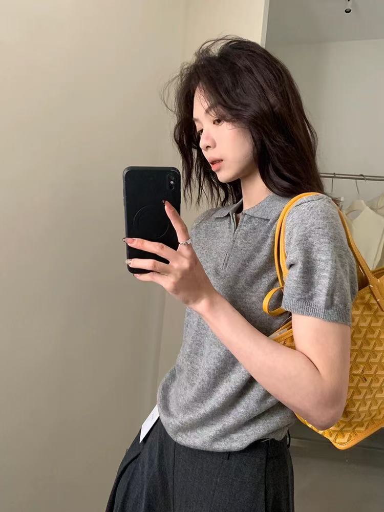 韓系灰色polo領半拉鏈正肩短袖T恤女夏季寬鬆顯瘦冰絲針織衫上衣