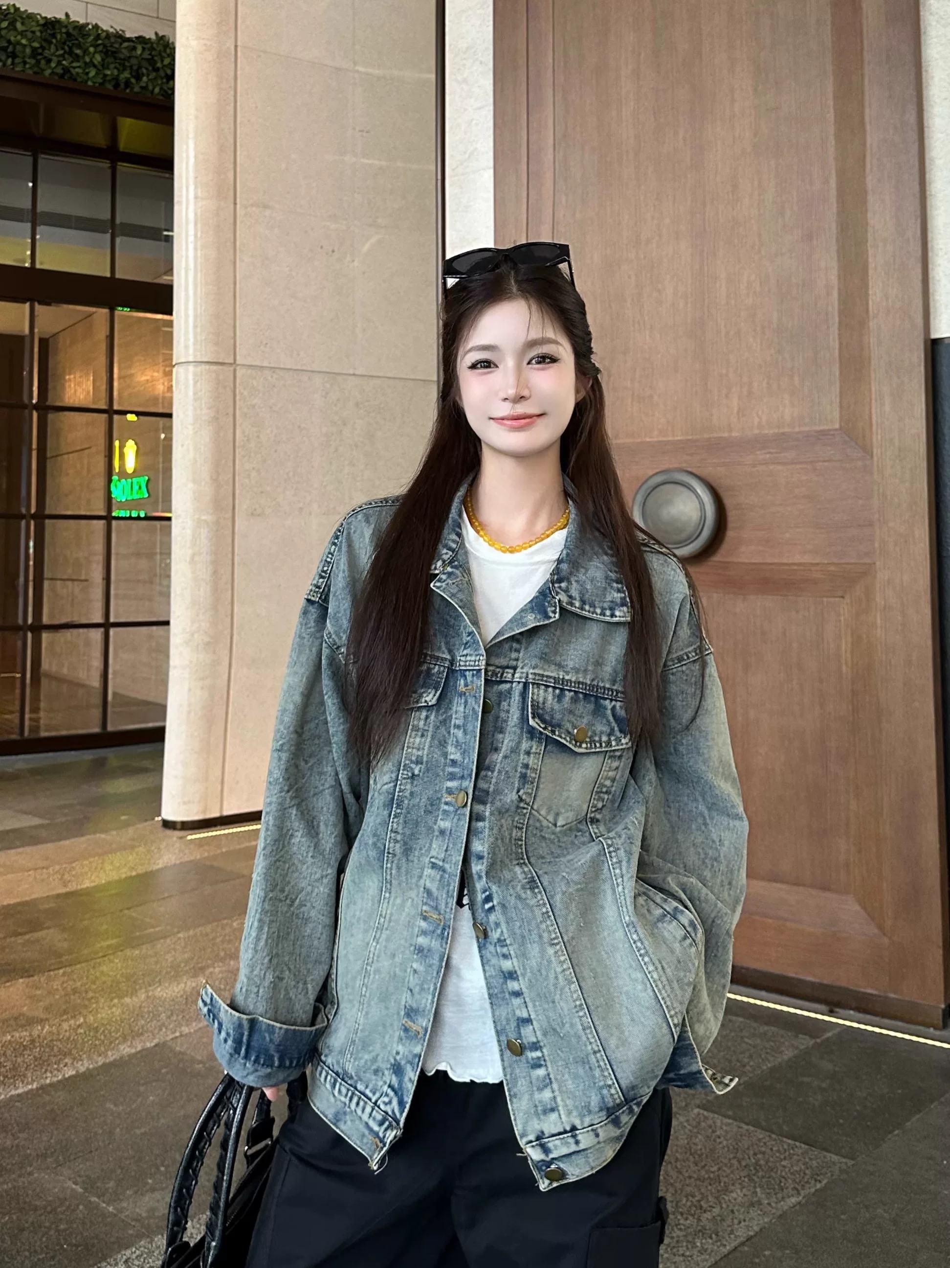 kumikumi sweet and cool nostalgic Feng Shui washing old denim jacket women spring loose oversize jacket top