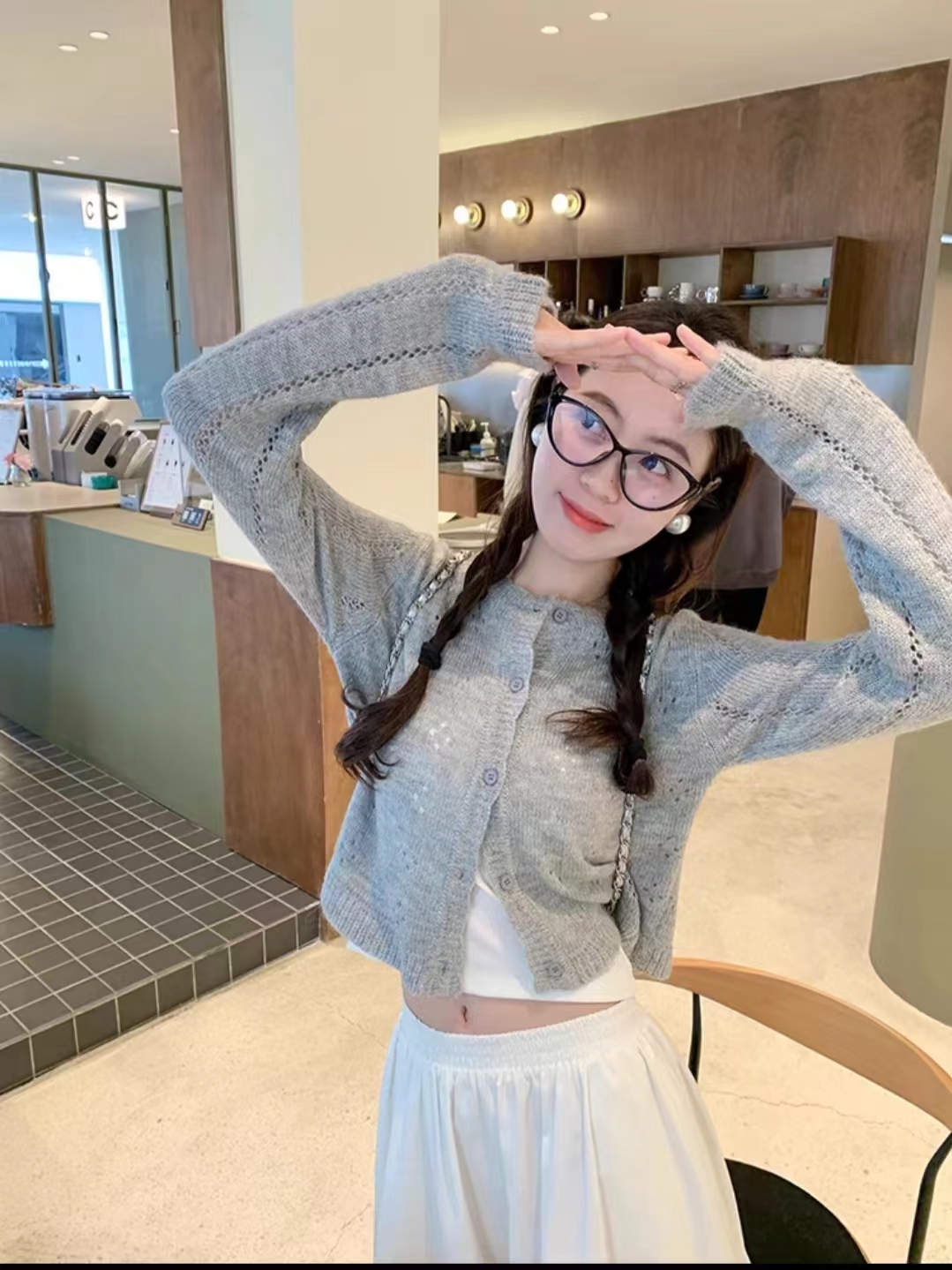 Gummy Girl Small Hollow Short Knitted Cardigan Women's Early Spring Commuting Versatile Thin Top