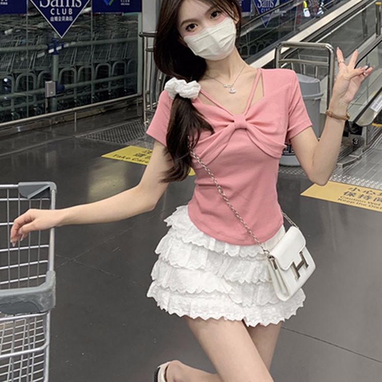 Zhengbing silk square collar short-sleeved T-shirt for women in summer Korean style new bow design slim body