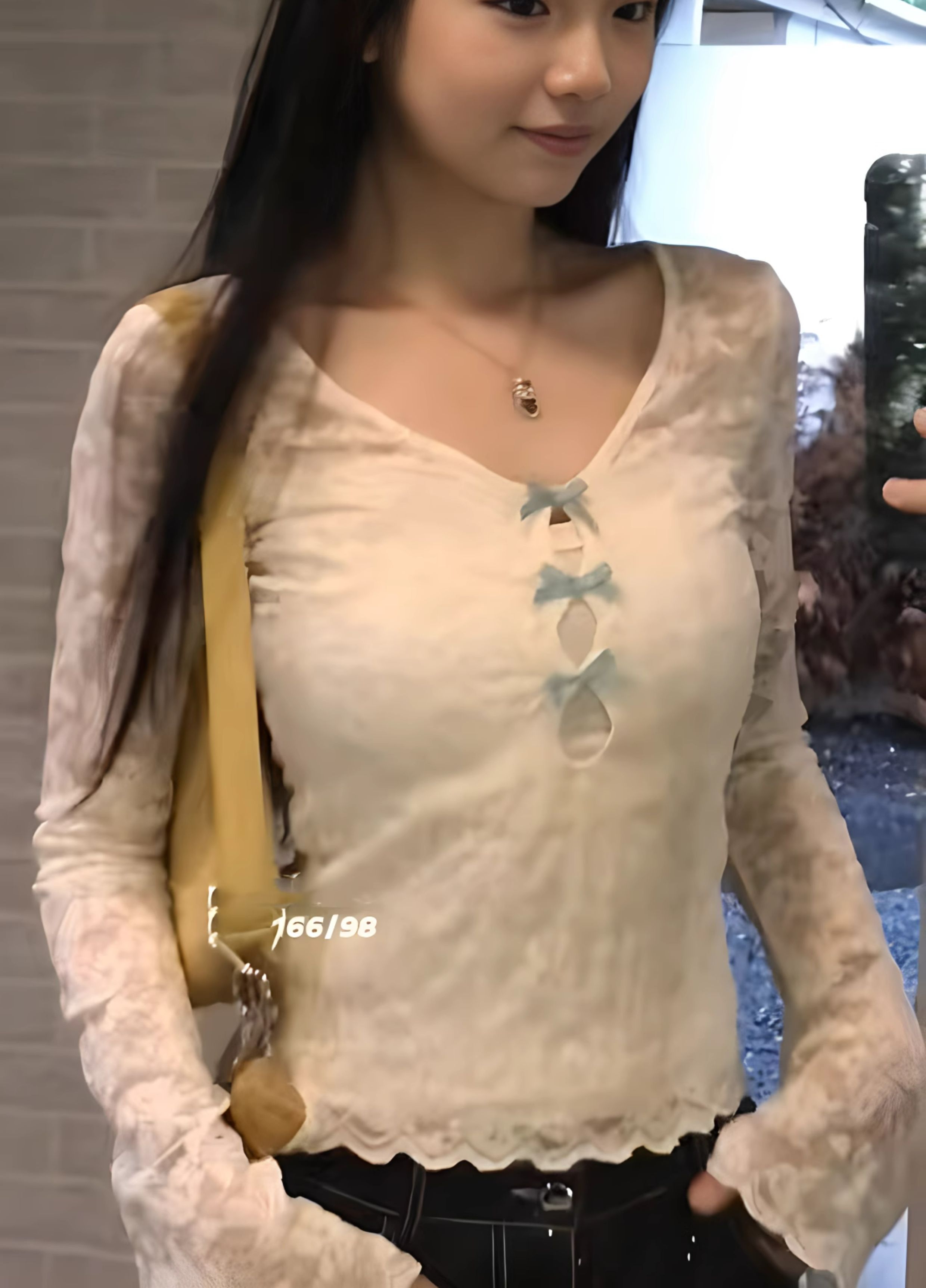 Original lace + cotton hollow lace long-sleeved T-shirt sexy hot girl slim fit and slim inner strap top