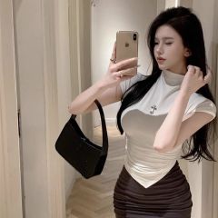 210g pure cotton thread half high neck short-sleeved top autumn slim and short cross women's clothing