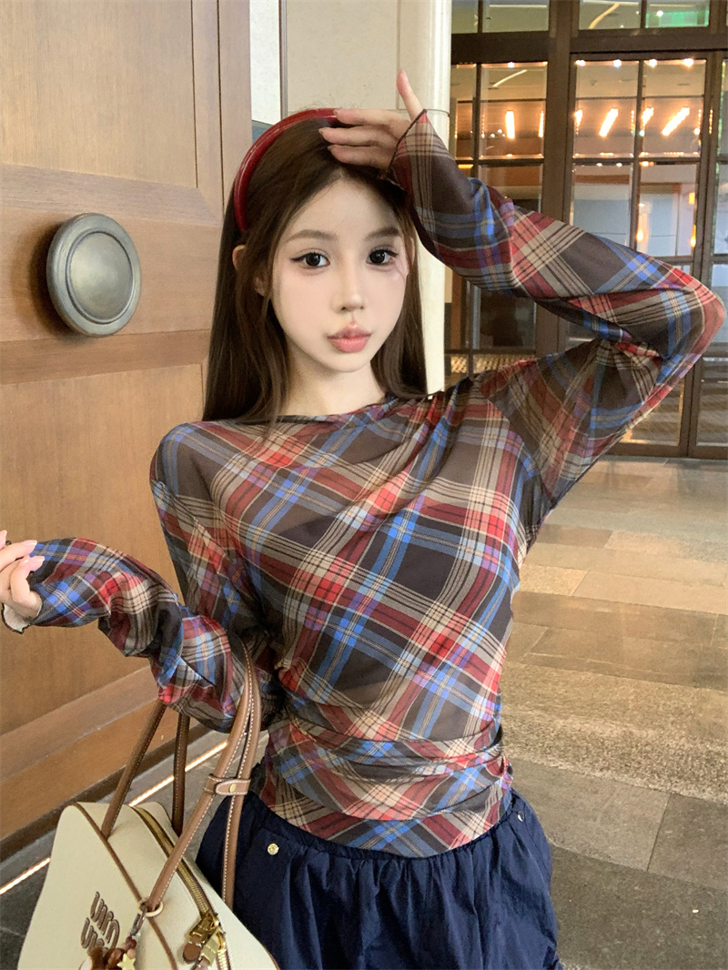Real shot~Retro plaid mesh elastic long sleeve t slim fit and slightly transparent base shirt top for women