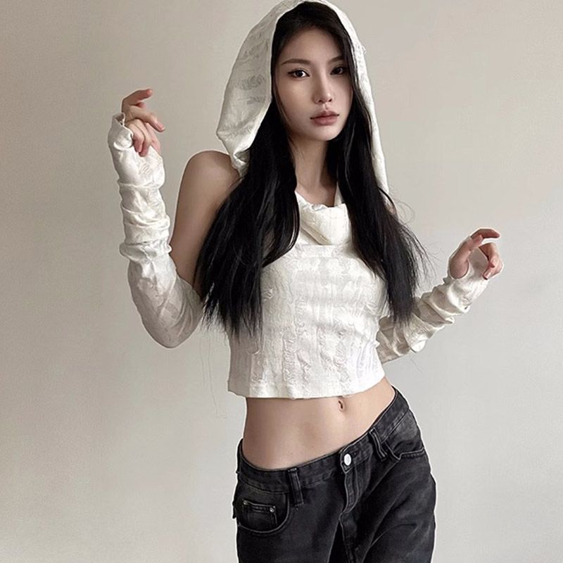 Wasteland style sweet hot girl short sleeve top for women spring and summer ripped vest hooded base shirt T-shirt