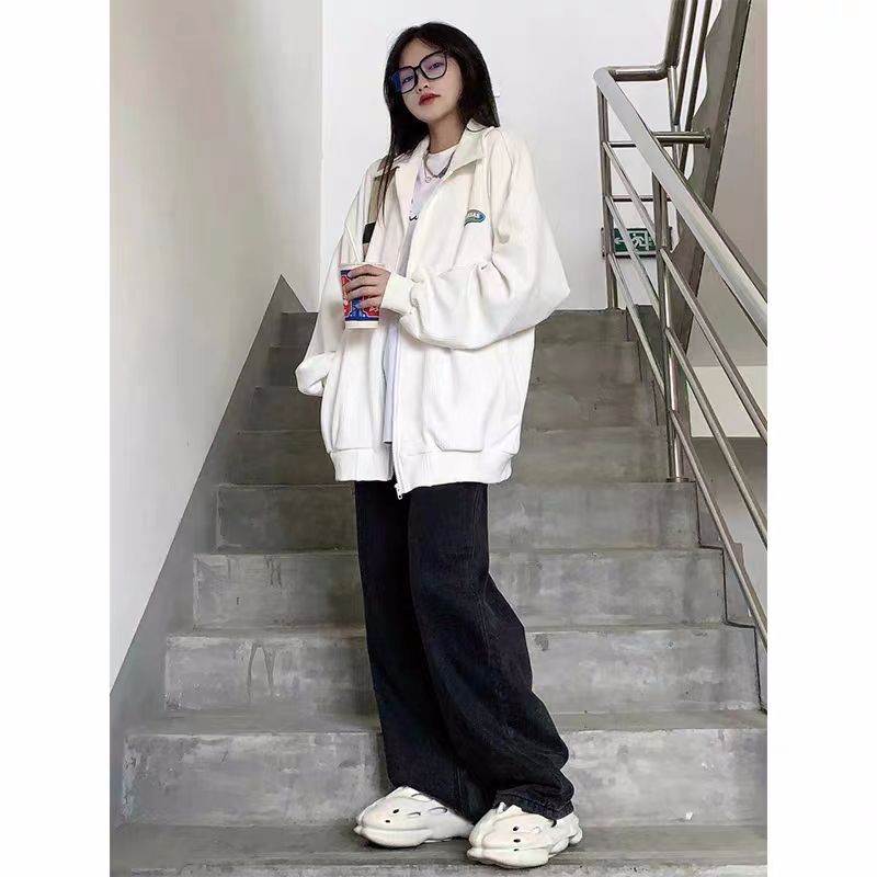 American hiphop high street sweatshirt autumn thin coat women's cardigan zipper polo shirt trendy brand ins couple outfit