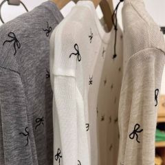 Summer pure hot girl round neck bow perspective bottoming shirt for women with slim long sleeves T-shirt in summer