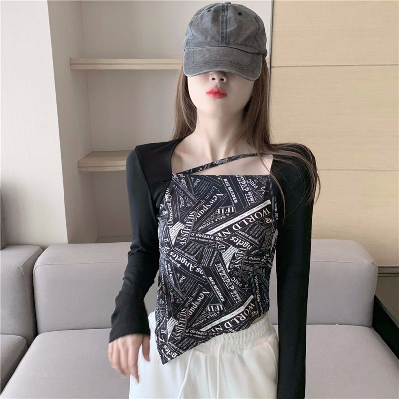 Threaded cotton, early autumn new black fake two-piece short T-shirt for women, irregular design niche long-sleeved top