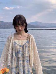 2025春夏新款森系復古度假風系帶寬鬆鏤空蕾絲短款外套女罩衫上衣