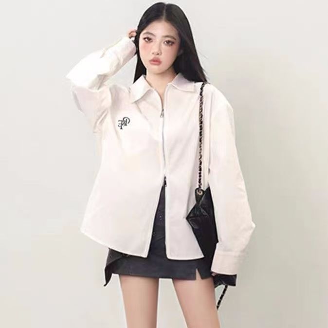 SUZHAN new style of exterior embroidered zipper top shirt design sense white fashion long-sleeved spring and autumn tie shirt