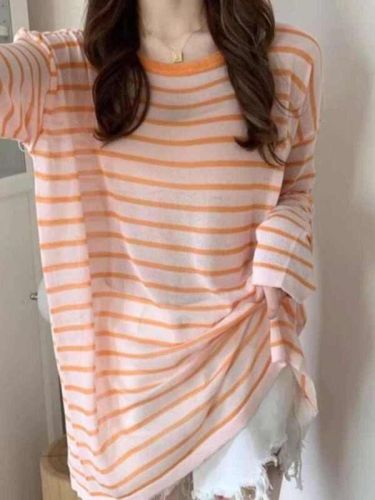 Striped knitted base shirt for women in early autumn thin European sunscreen blouse lazy style loose mask T-shirt top