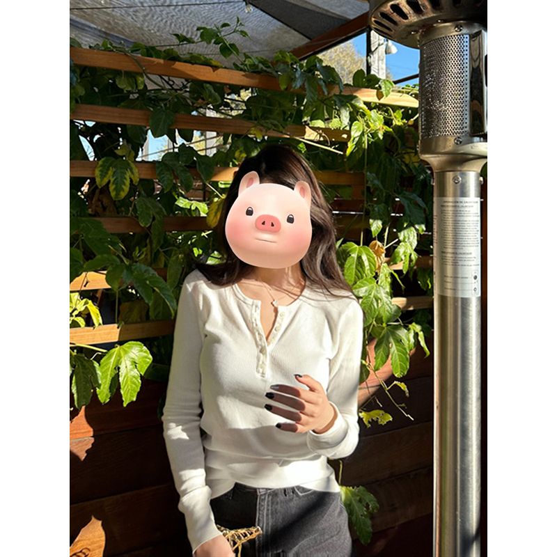 Threaded five-button hairy T-shirt spring, autumn and winter white inner layer long-sleeved base shirt slim solid color versatile top for women