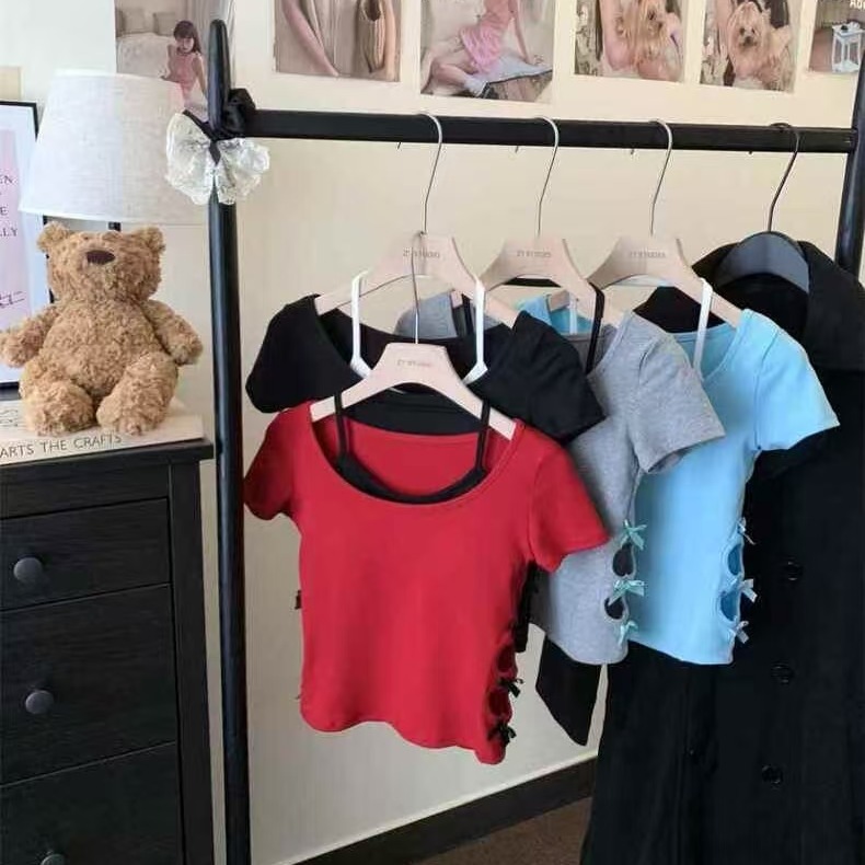 純欲風性感辣妹假兩件露腰短袖T恤女帶胸墊內搭修身顯瘦打底上衣