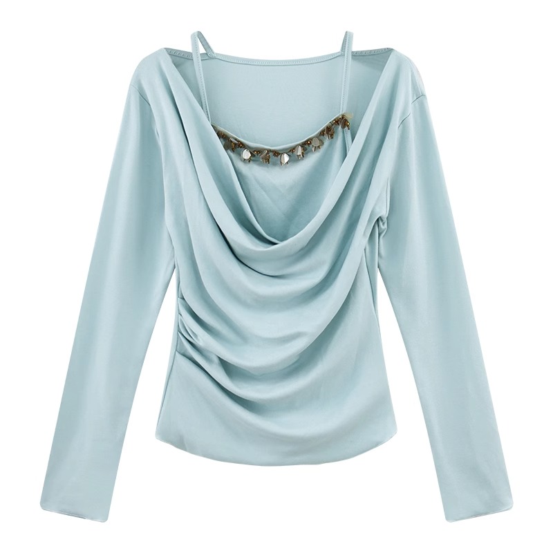 Spliced ​​fake two-piece sequin suspender long-sleeved T-shirt for women's spring folds slim-fitting pure slim top