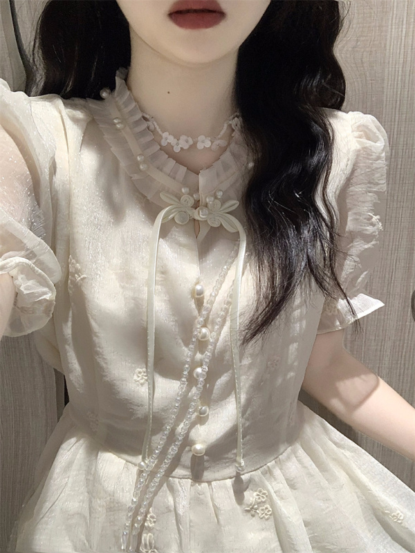 French coffee break retro button dress for women design sweet first love embroidered high waist long skirt