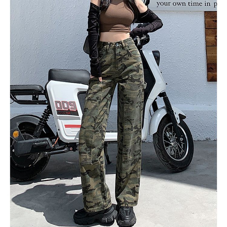 American retro camouflage overalls for women 2025 spring and summer street hip-hop loose casual jeans