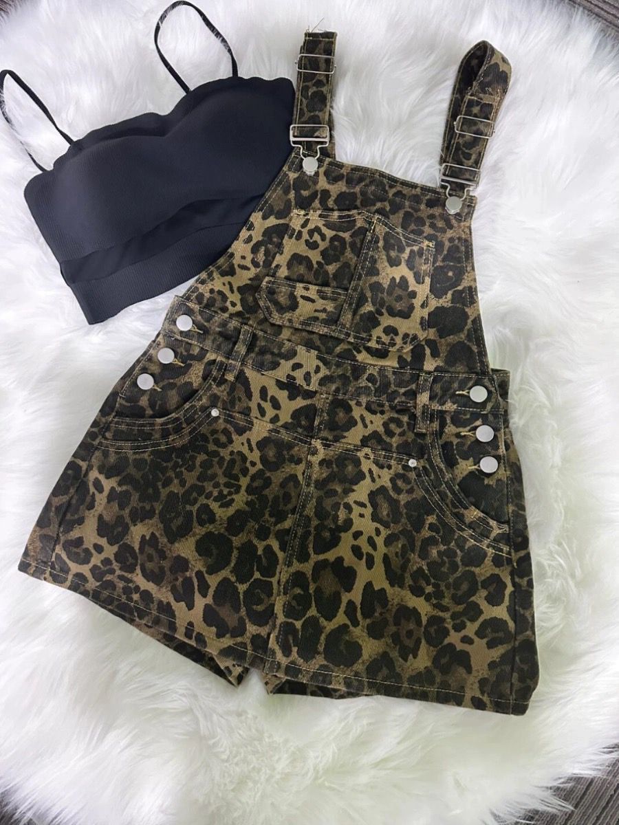 Retro hot girl leopard print denim overalls for women in summer new design sense high-quality cool and age-reducing dress pants