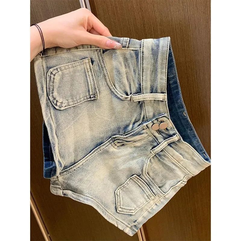 Retro washable and used hot girls high waist denim shorts for women in summer new slim fit slim stretchy wide-leg hot pants