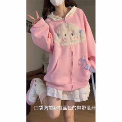 Imitation cotton-wool composite milk silk 310g cute cat ear hooded sweatshirt cardigan Japanese sweet cool jacket