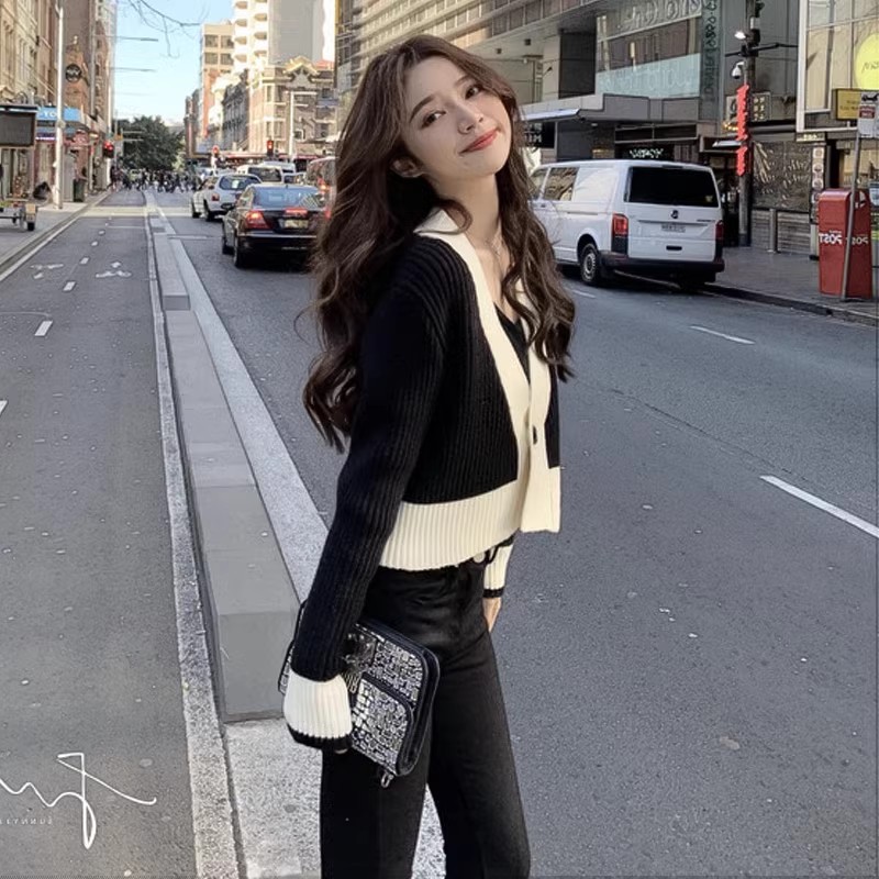 港風復古撞色v領針織開衫女外套高腰短款長袖t恤chic辣妹早秋上衣