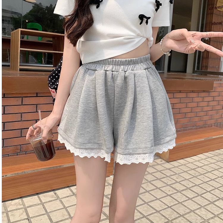 蕾絲花邊灰色休閒褲女夏季百搭顯瘦鬆緊腰寬鬆闊腿褲小眾外穿短褲