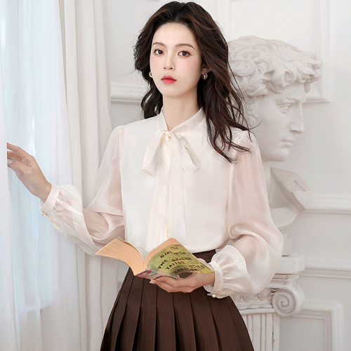 2025 spring new style of lively fairy long sleeve bow ribbon robe shirt top for women