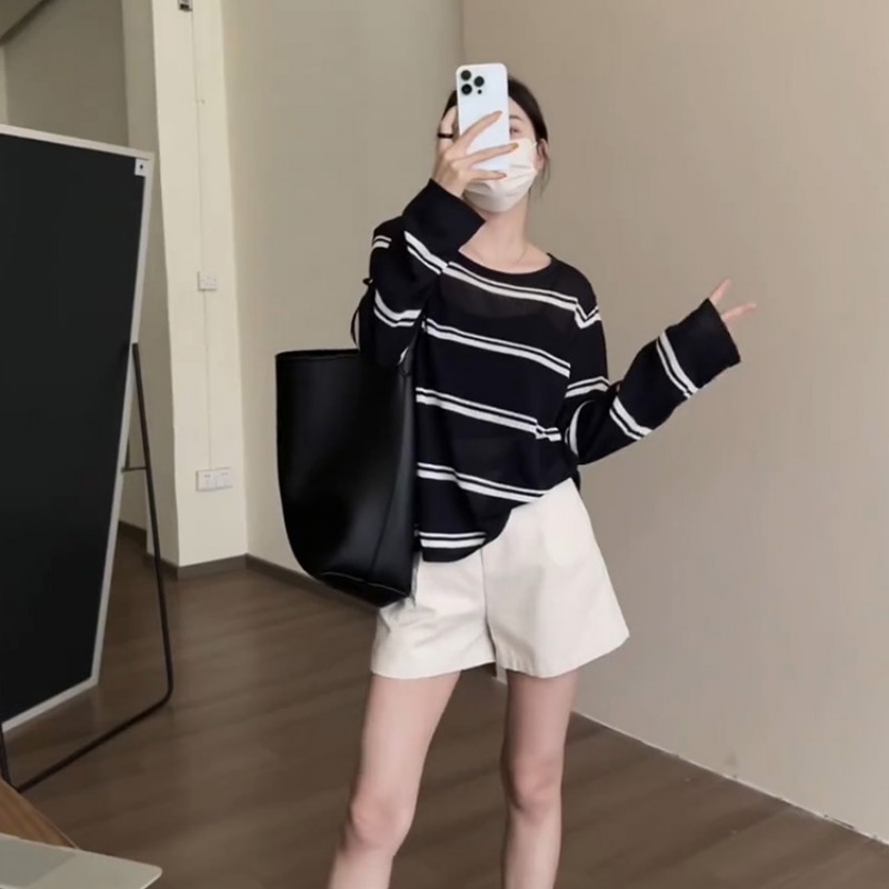 韓系條紋冰絲針織防曬罩衫女夏季設計感後背鏤空長袖t恤寬鬆上衣