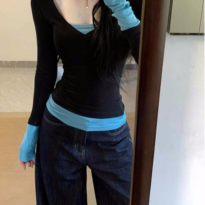 American hot girl contrasting color splicing fake two-piece long-sleeved T-shirt for women slim-fitting base shirt