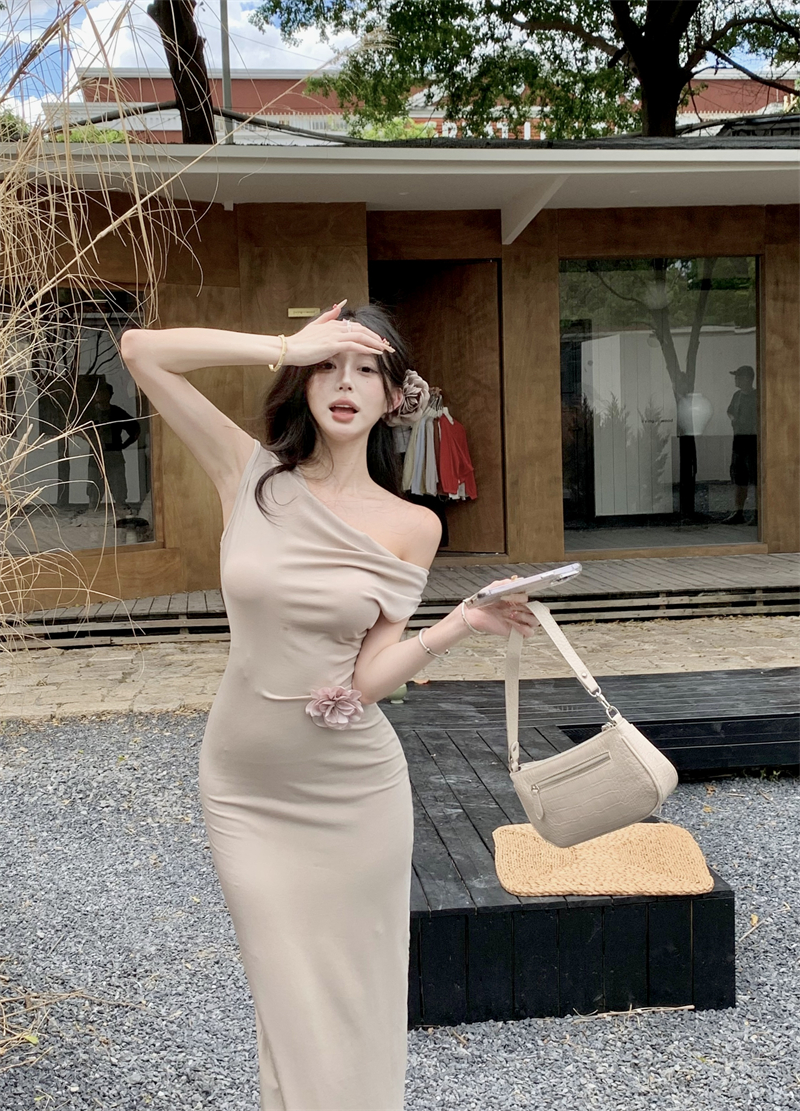 Real shot~ Zhao Lusi same off-shoulder elastic slim fit and slim design with sexy slit vest long skirt