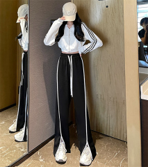 -Real shot of new spring wide-leg high waist drooping slimming versatile slit casual sports pants