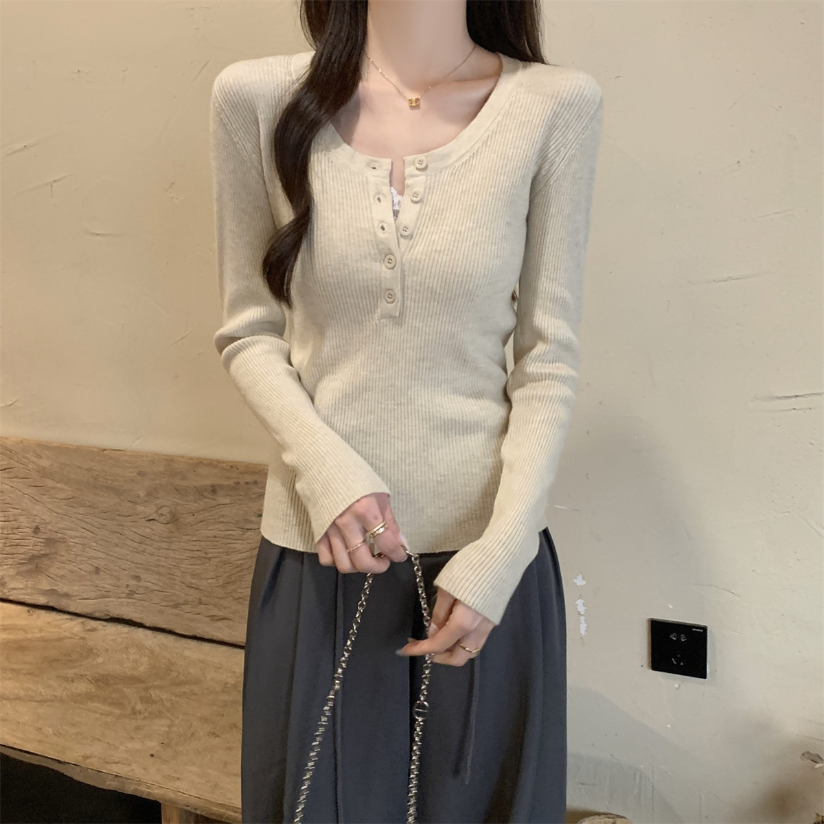 Real shot of spring Korean style, button slim and versatile 6 wool sweater base long-sleeved sweater for women
