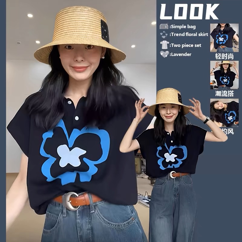 甜美多巴胺印花T恤女黑色正肩POLO衫夏季新款寬鬆百搭小飛袖上衣