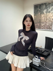 Real shot~ Navy blue turtleneck bow straight shoulder long sleeve T-shirt French temperament slim base shirt top spring